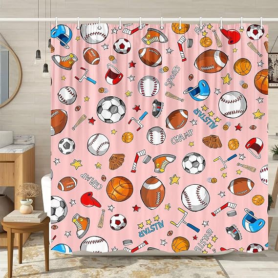 JAWO Sports Shower Curtain for Kids Children Teens, Basketball Football Baseball Hockey Star Pink Shower Curtain Sports Bathroom Decor, Fabric Baseball Shower Curtain Set with Hooks (72X72), Pink