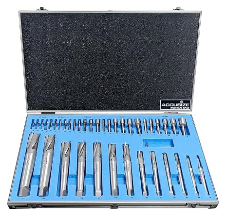 Accusize Industrial Tools 39 Pc Morse Taper Shank H.S.S. Interchangeable Pilot Counterbore Set, Counterbores from 1/4'' up to 1'' by 16ths, 500T-B000