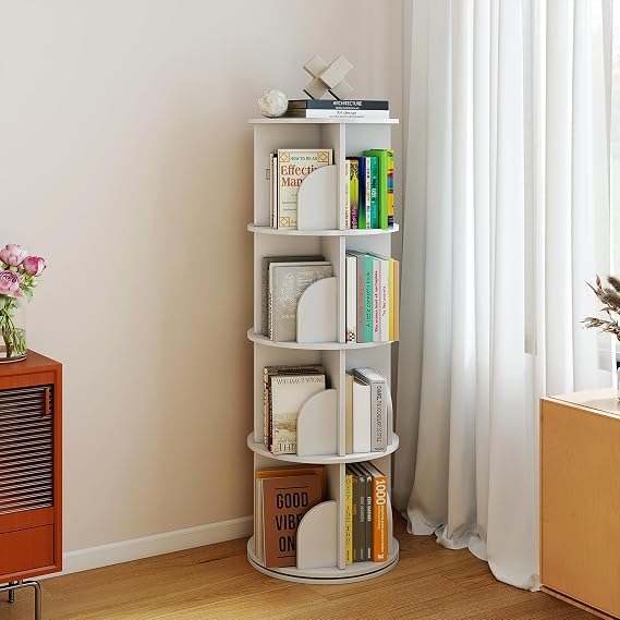 Rotating Bookshelf Tower, 4 Tier Spinning Bookcase Lazy Susan, Revolving 360 Book Shelf Storage Round Carousel, Vertical Rotate Turning Spiral Corner Organizer, Bedroom, Living Room, Office, 15.75" D