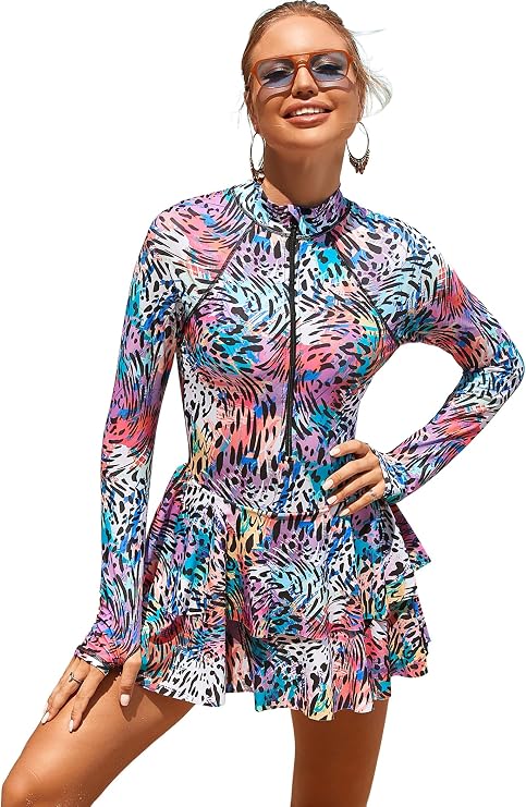 ABAFIP Women's Long Sleeve Rash Guard Swimdress Swimsuit Zipper One Piece Swim Dress Bathing Suit UPF 50
