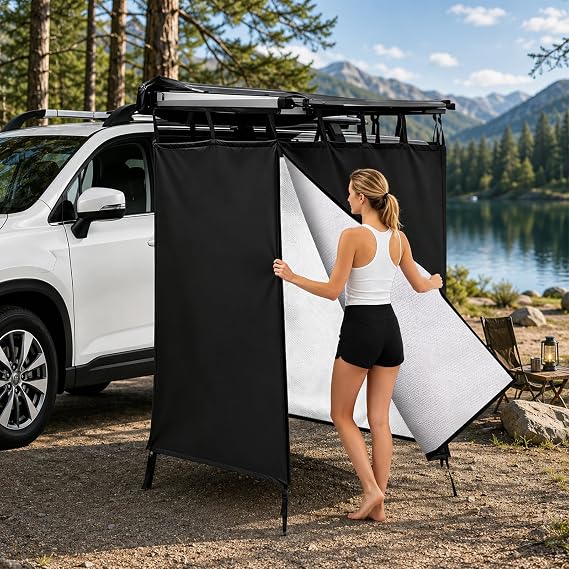 Awning Shower Tent Car Outdoor Portable Camping Shower Tent Car Side Shower Room Privacy Shelter Restroom Vehicle Side Shower Bathroom for RV, Van, Truck, Waterproof