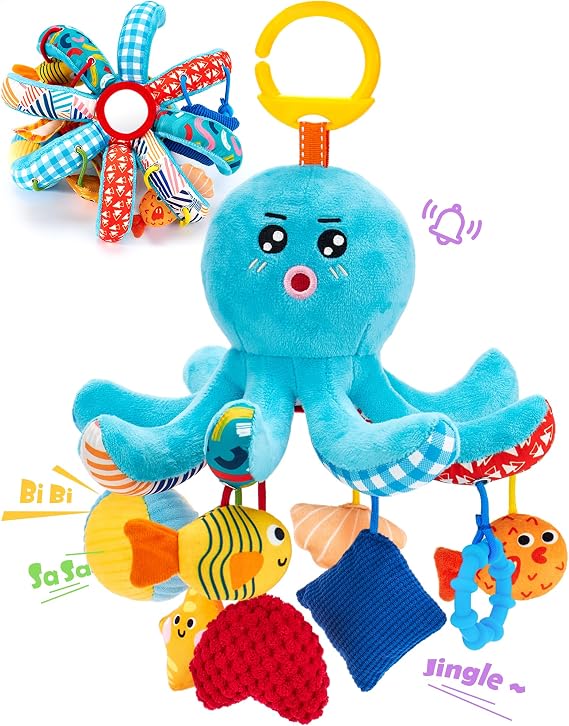 hahaland Baby Toys 0-6 Months Car Seat Toy Octopus Plush with Pulling Cords | Infant Hanging Toy for Baby Gym, Stroller, Carseat - 3 4 Month Old Toys for Babies with Squeaky, Crinkle, Rattle, Mirror