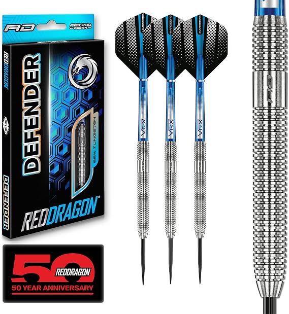 RED DRAGON Darts – Defenders Series - Professional 85% Tungsten Darts Set with Dart Flights and Dart Shafts (Stems) - Available in Triton Soft Tip 19g barrel / 21g Full Weight and Steel Tip 22g & 24g