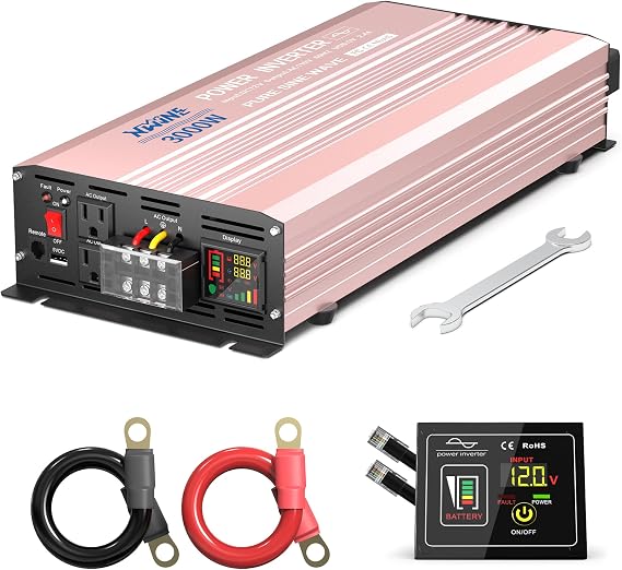 XWJNE Power Inverter 3000 Watt Pure Sine Wave 12V DC to 110V/120V AC 6000 Watt Peak with Remote Control and LED Display 2x2.4A USB Charging Ports & 3 AC Outlets Dual Cooling Fans Inverter