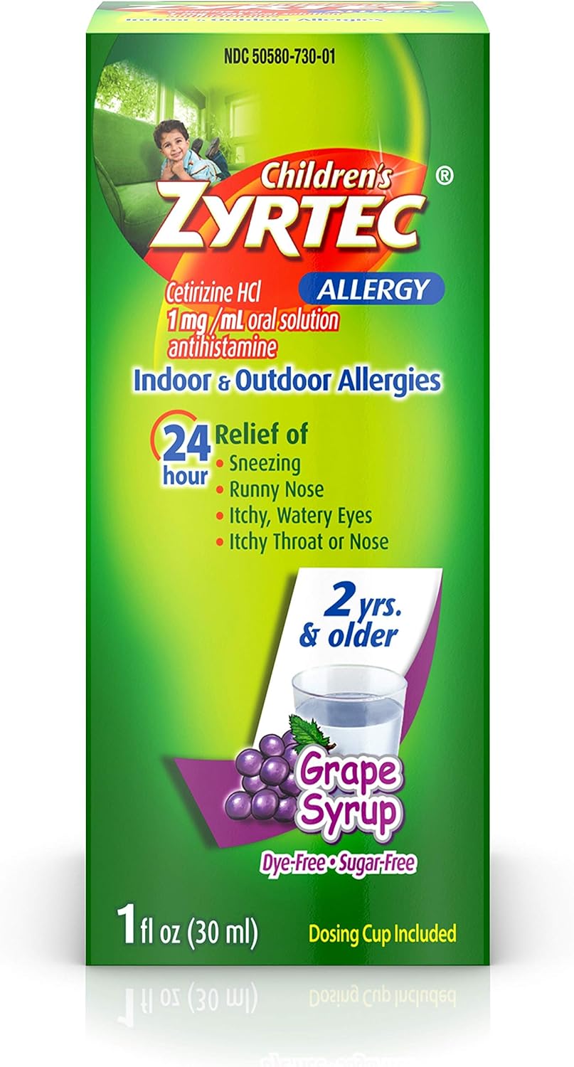 Zyrtec 24 Hr Children’s Allergy Syrup with Cetirizine, Dye- & Sugar-Free, Grape Flavor, 1 fl. oz