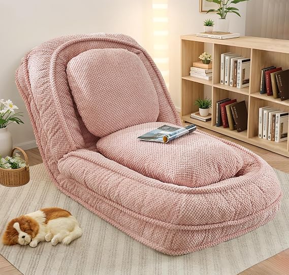 Upholstered Human Dog Bed for Adult & Pets, Convertible Lazy Sofa Bed with 5 Adjustable Position, Comfy Tatami Bean Bag Lounge Chair with 2 Soft Pillows for Bedroom Living Room Office (Pink)