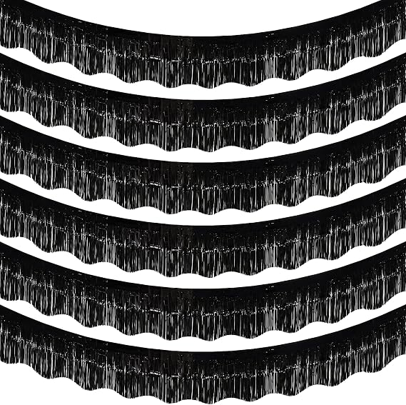 LOLStar 6 Pack Black Tinsel Foil Fringe Garland Birthday Party Decorations, 59Ft Tinsel Streamers Banner, Glitter Photo Booth Prop Table Skirt for Bachelorette Halloween New Year Party Decor