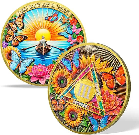 Flower Butterfly and Rising Sun Sobriety Coin | Celebrating Recovery and Personal Growth with AA Medallions | Ideal Sobriety Gift for Men and Women(3 Year)