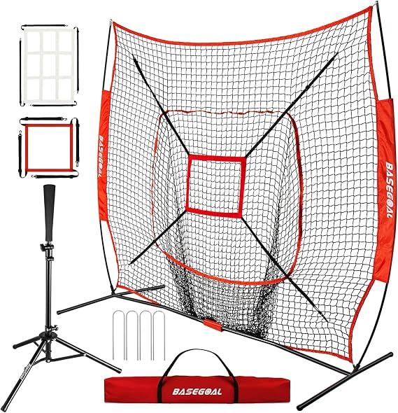 BaseGoal 7'7' Baseball Softball Practice Net,Baseball Backstop,with Batting Tee,for Hitting Pitching Batting Catching with Bow Frame,Bonus Strike Zone