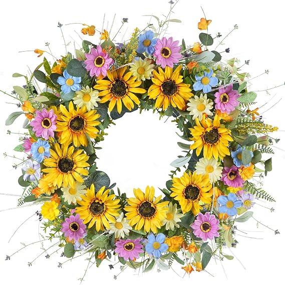 22 Inch Wreaths for Front Door, Artificial Floral Wreath, Yellow Wreaths for Front Door Wall Window Farmhouse Kitchen Indoor Outdoor Decoration