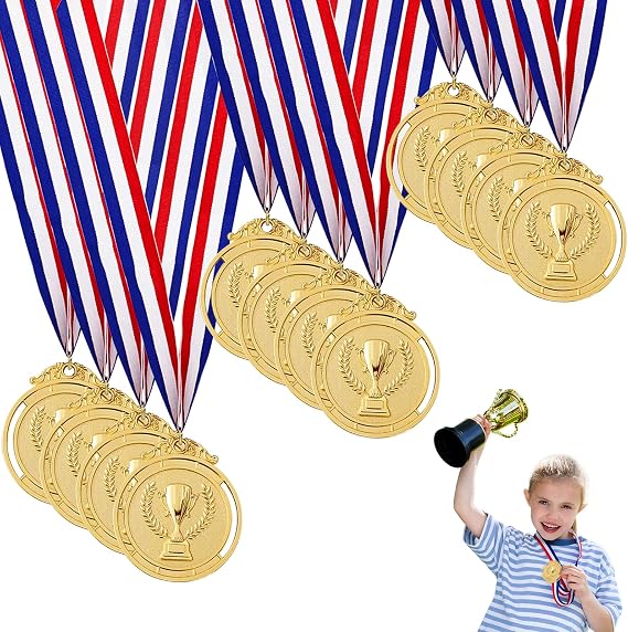 12 PCS Medals for Children, Metal Gold Medals Sports Day Medals Winners Medals for Kids Adults with Trophies Carving Pattern and Ribbon for Awards Sports Football Party Olympic Style
