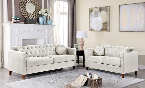 Container Furniture Direct Persaud Living Room 2 Piece Sofa, Loveseat Set with Classic Chesterfield Velvet Upholstery, Ideal for Home, Apartment and Office, Ivory