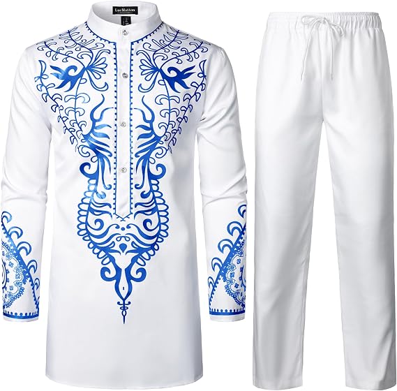 LucMatton Men's African Attire 2 Piece Set Shirt and Pants | Dashiki Outfit, Festival, Gold Foil Print, Suit, Mandarin Collar, Long Sleeve