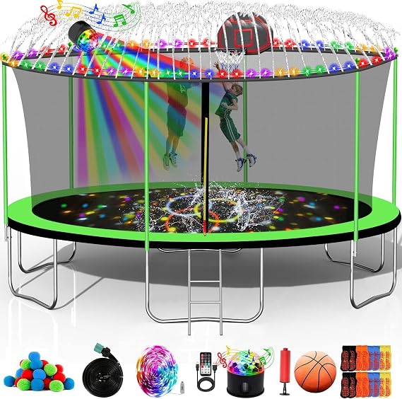 1500 LBS 14 FT 16 FT Trampoline for Adults 7-10 Kids, Heavy Duty Outdoor Trampoline with Basketball Hoop, Sprinkler, Water Balls, Lights with Speaker, Enclosure Net, Sock - ASTM CPC CPSIA