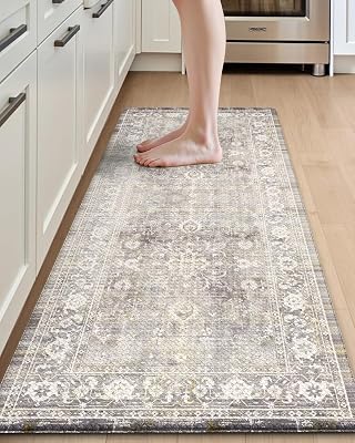 DEXI Kitchen Floor Mats Cushioned Anti Fatigue, 23x59 Long Wide Standing Comfort Runner Rug, Waterproof Retro Floral Memory Foam Padded for Front Sink Laundry, Beige Grey