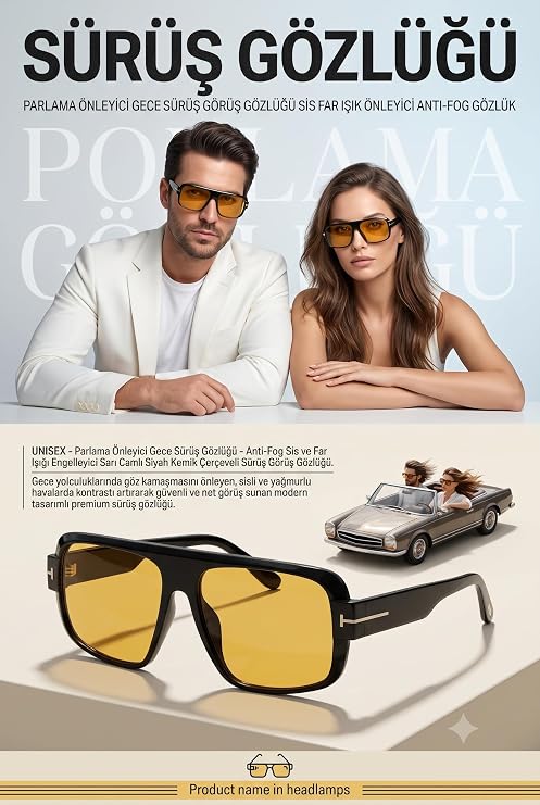 TransForMacion Parlama Önleyici Gece Sürüş Gözlüğü - Anti-Fog Sis ve Far Işığı Engelleyici Sarı Camlı Siyah Kemik Çerçeveli Sürüş Görüş Gözlüğü 723382