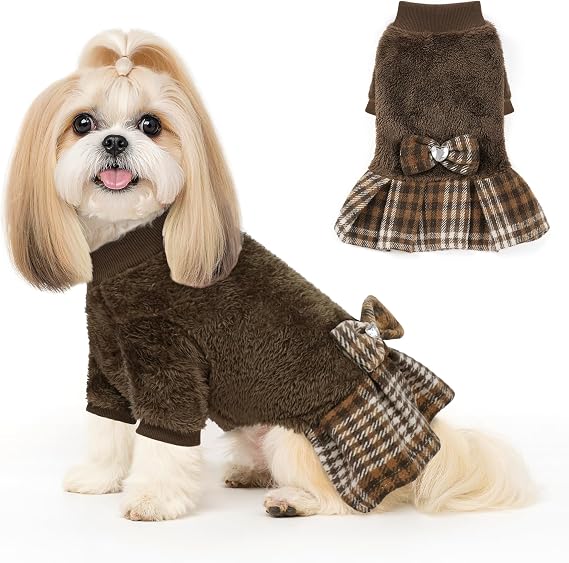 YUDODO Fleece Small Dog Sweater Dress with Bowtie, Female Winter Warm Dog Clothes, Princess Sweater Dress for Small Dogs Girl (Brown, M)