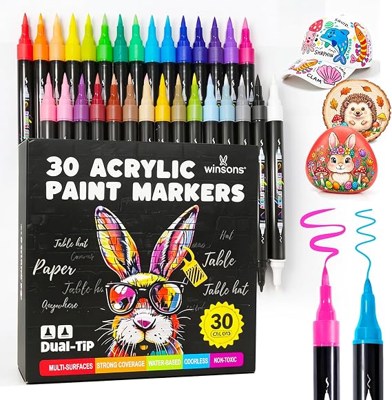 WINSONS Acrylic Markers, 30 Dual-Tip Paint Pens for Rock Painting, Colouring Books, Mugs, Canvas Shoes, Metal, Scrapbooking - Quick Dry, Brush & Fine, Drawing Markers