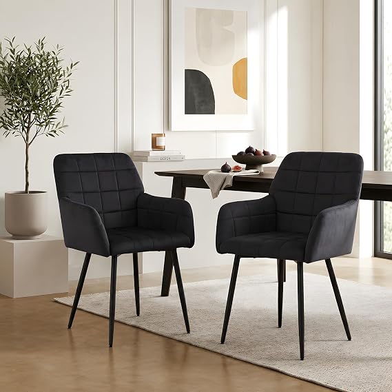 Black Velvet Dining Chairs Set of 2, Modern Tufted Accent Chairs with Armrests & Black Metal Legs, Upholstered Side Chairs for Dining Room, Kitchen, Living Room