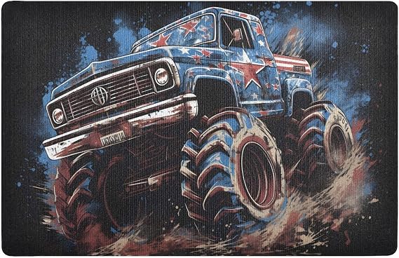 Doormat Low Pile Anti Slip, Indoor Outdoor Welcome Mat Entrance Rug for All Weather Blue Monster Truck Print