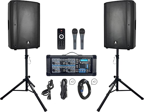 PRORECK Delta 156 2000W Bluetooth PA Speaker System with 6-Channel Powered Mixer, 2 15-Inch Passive Speakers, Stands, Reverb Effects, 15V Phantom Power. Perfect for DJs, Bands, Karaoke, Live Events.