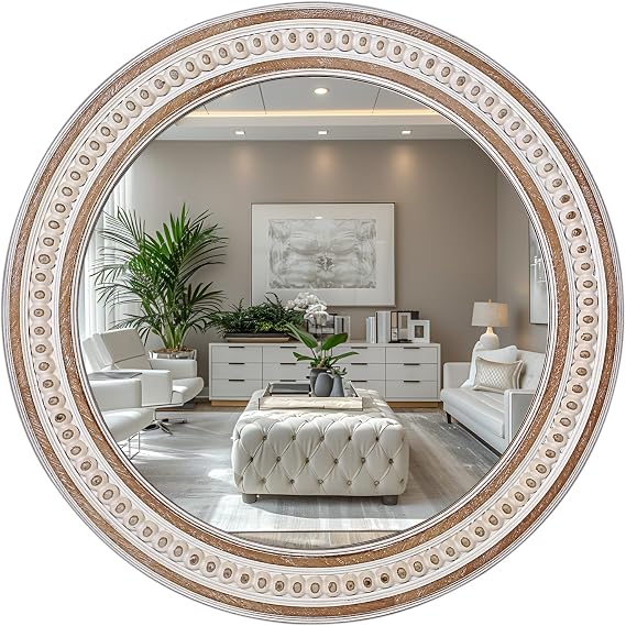 24 Inch Round Bathroom Mirror, Wooden Circular Mirrors for Wall Decor