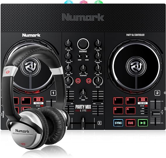 Numark Party Mix Live + HF 125 - DJ Controller/Adults & Kids DJ Set with DJ Lights, DJ Speakers & DJ Mixer for Serato DJ Lite and Ultra-Portable Professional DJ Headphones