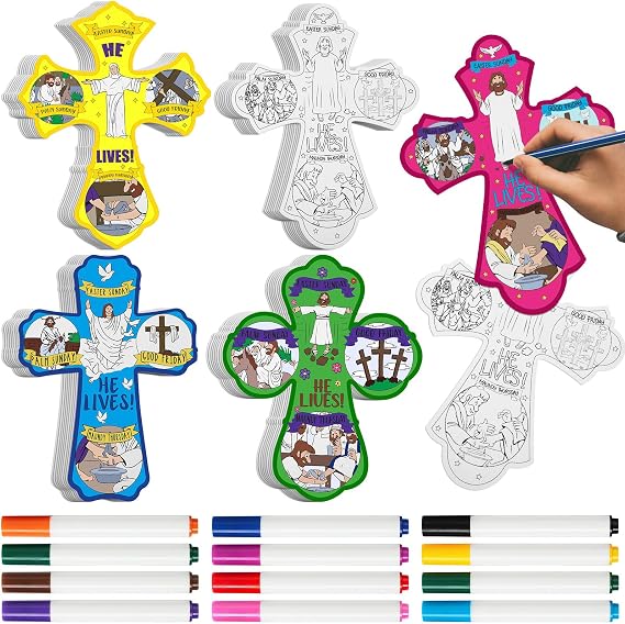 Beeveer 36 Pcs Easter Cross Crafts He Lives Crafts DIY Color Your Own Holy Week Crosses Religious Bible DIY Card with Marker Christian Coloring Card Kits for Church Home Activities