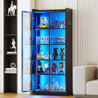 65 Display Cabinet with Acrylic Glass Door, LED Bookcase with Human Sensor 3-Color Lights, 5-Tier Curio Storage Cabinet with Adjustable Shelf for Collectibles,Bedroom,Living Room,Office