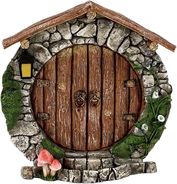 Brown Fairy Garden Doors and Windows for Trees, Mini Fairy Statues Wall and Trees Outdoor Wooden Doors and Windows in The Yard Garden, Sculptures and Statues, Outdoor, Decorations