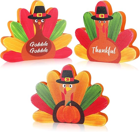 DoubleFill 3 Pcs Thanksgiving Turkey Wooden Figurines Fall Decor