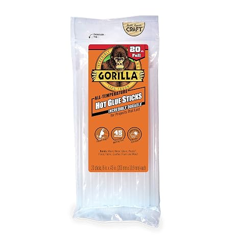 Gorilla Hot Glue Sticks, Clear, Full Size, 8" x 0.43", 20 Count