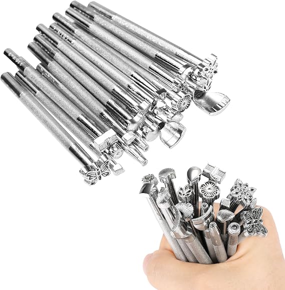20pcs Leather Stamp Tools, 20 Styles Professional Leather Crafts Carving Set Premium Embossing Background Stamping Branding Making Tools Suitable for Belts Wallets Craft Working (Silver)