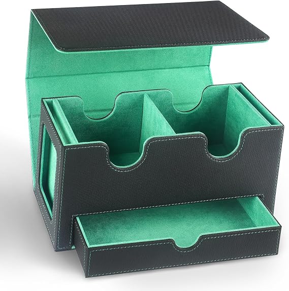 MTG Deck Box with 2 Commander Display,Commder Deck Box Fits 310+ Cards,with Dice Tray,Leather Magnetic,Fits for TCG CCG Magic Cards (Black Green)