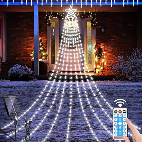 HELESIN Solar Outdoor Christmas Decorations Lights, Christmas Star Tree Light wth Remote Control, 8 Modes Waterfall Lights USB Charge for Holiday Xmas Tree Patio Yard Decor