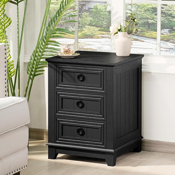 Joaxswe Farmhouse Nightstand, 18'' End Table with 3 Drawer Metal Handle