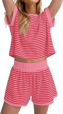MISSACTIVER 2 Piece Lounge Set Women Stripe Knit Short Sleeve Tee Shirts Shorts Casual Summer Loungewear Shorts Sets