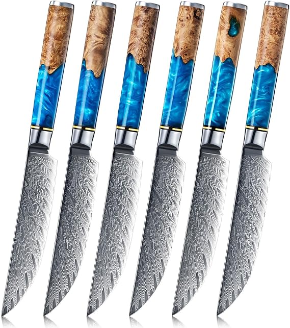 SENKEN Damascus Steak Knife Set - Tsunami Collection - 67-Layer Japanese VG10 Steel - Razor Sharp Non-Serrated Blades, Blue Resin & Natural Wood Pattern Handles, Luxury Gift Box (6 Steak Knife Set)