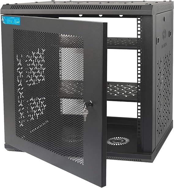 12U Wall Mount Server Cabinet with A Lockable Front Vented Door, Cooling Fans, Removable Side Panels - 45cm Depth, 19 Network Rack Including 2 PCS Full-Size Rack Shelves for IT Equipment