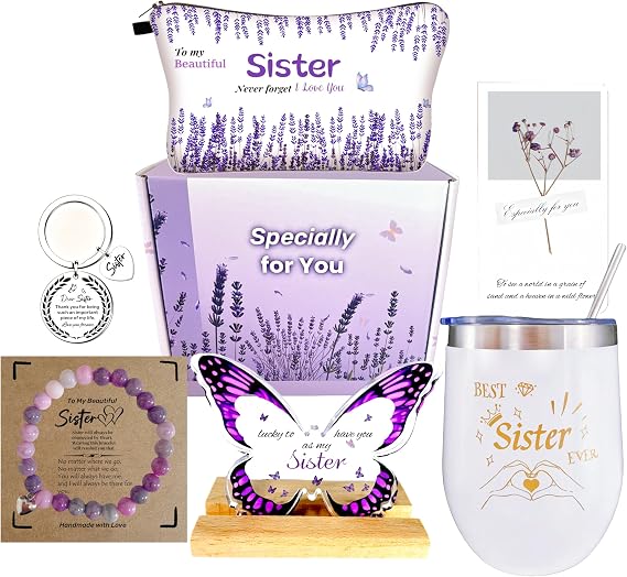 Gifts for Sister - Birthday Gifts for Sister Christmas, Mothers Day Gift - Best Sisters Gift with Tumbler, Makeup Bag, Butterfly Decor Purple