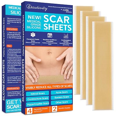 Silicone Scar Removal Sheets, Silicone Scar Sheets 2 Month Supply - for Scars Caused by C-Section, Surgery, Burn, Keloid, Acne, and more, Soft Adhesive Fabric Strips, 5.7 x 1.57 4 Reusable Sheets