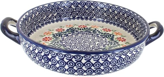 Blue Rose Polish Pottery - Orange Garden Bouquet Small Round Baker With Handles - 9.5" Diameter - Unique, Dishwasher Safe, Durable Bakeware