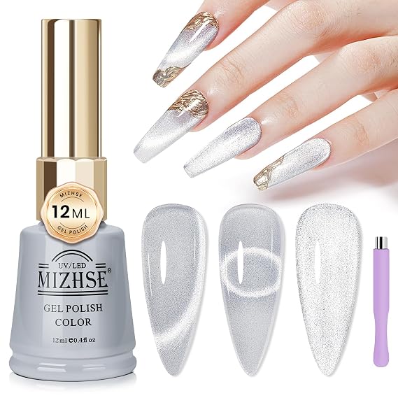 MIZHSE Cat Eye Gel Nail Polish Silver Glitter Holographic Cateye Gel | Crystal Shimmer Magnetic U V LED Soak Off Gel Polish for Home DIY Manicure with Magnet
