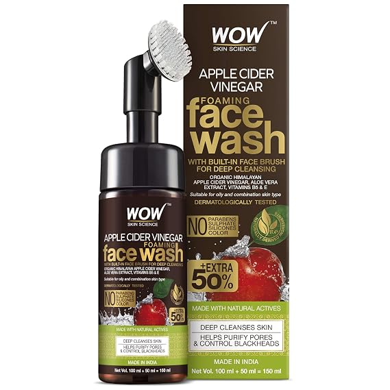 WOW Skin Science Apple Cider Vinegar Foam Exfoliating Face Wash & Brush - 3.4 Fl Oz, Unisex, Plant-Powered Ingredients, ACV Face Cleanser for Sensitive Skin