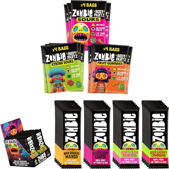 Zombie Bar and Gummies Bundle - 24 Fruit Bars (4 Flavours, 2 Sweet, 2 Sour) - 12 Fruit Gummies (3 Flavours)