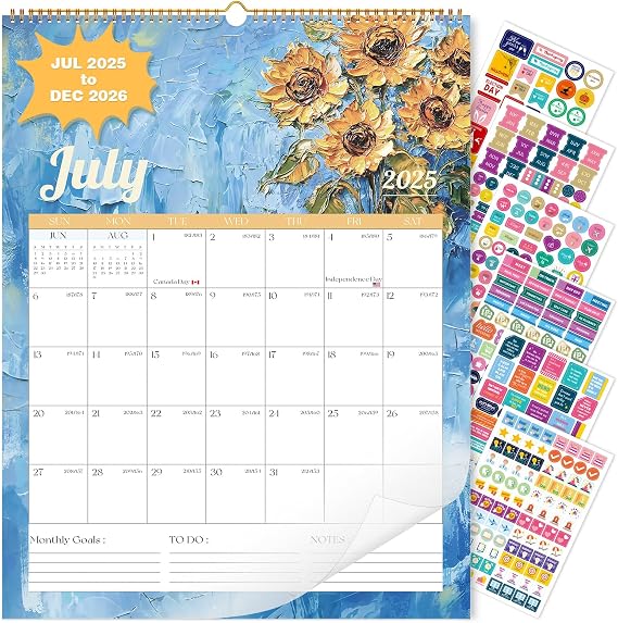 2025 Wall Calendar Planner Hanging Spiral Bound Calendars 17" x 22", Use Jul 2025 - Dec 2026,Flowers