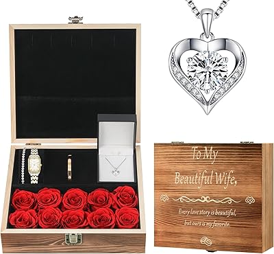 Gifts for Women Jewelry Set, 925 Silver Moissanite Necklace, Gold Watch Stainless Steel Bangle with Eternal Roses Wooden Box Gift Ideal for Mother's Day Birthday Anniversary Christmas Valentine's Day Wife Mom Girlfriend