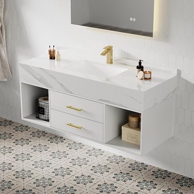 KunMai 35.4 White Floating Bathroom Vanity with Sink Modern Wall Mounted Bathroom Cabinet with Sintered Stone Countertop, Soft-Close Drawers, Space-Saving Vanity for Small Bathrooms