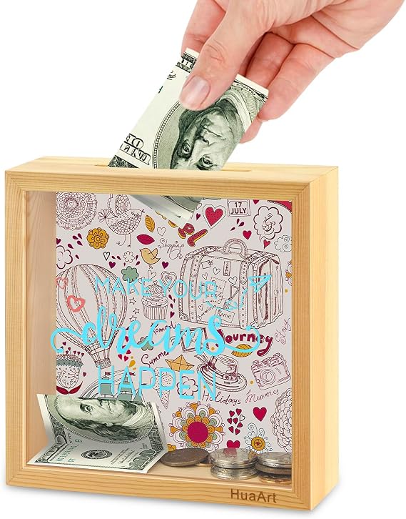 Piggy Bank for Kids. Wooden Money Coin Bank for Boys and Girls. Coin Bank Money Bank. Natural Wood Money Box. Printed on The Plexiglass Front-Make Your Dreams Happen.