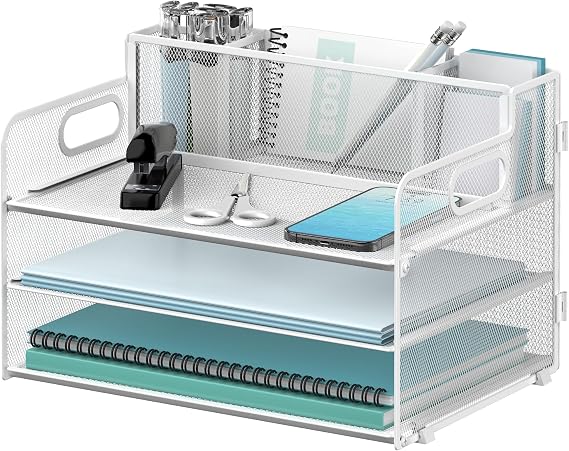 3 Tier Desk Organizer with Handle & 3 Pen Holders, Mesh Paper/File Organizer for Desk, Paper Letter Tray Organizer for Office Supplies (White)
